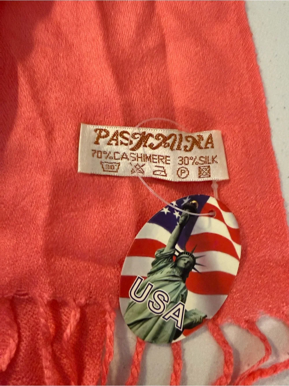 100% Pashmina Coral Wrap Large Cashmere Silk Shawl Scarf Tassels Made In USA